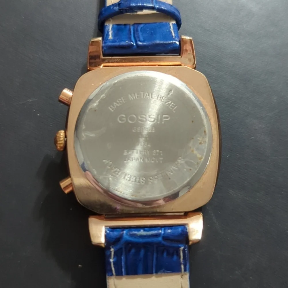 Gossip GSP828 Rhinestone Chronograph Watch Rose Gold Blue Croco Leather Band